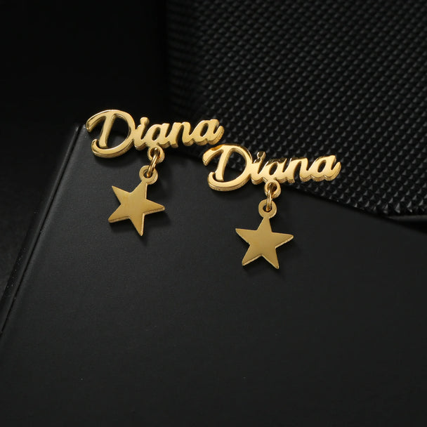 Custom Name Stud Earrings with Frosted Heart & Star - Stainless Steel - SHOPPERS' CASTLE