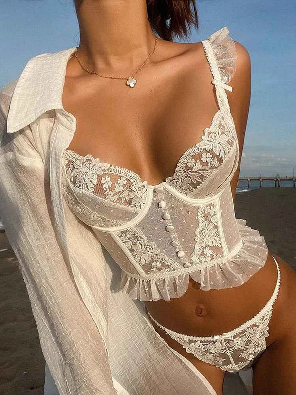 Ultra-Thin Lace Flowers Embroidery Bra & Thong Set with Body Shaper