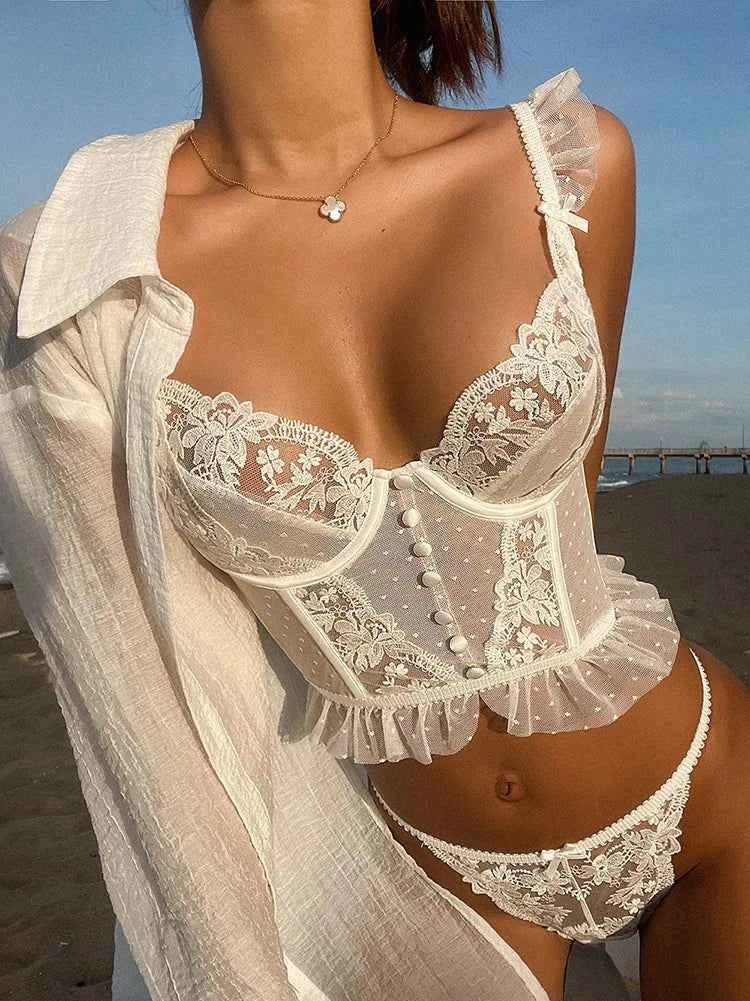 Ultra-Thin Lace Flowers Embroidery Bra & Thong Set with Body Shaper