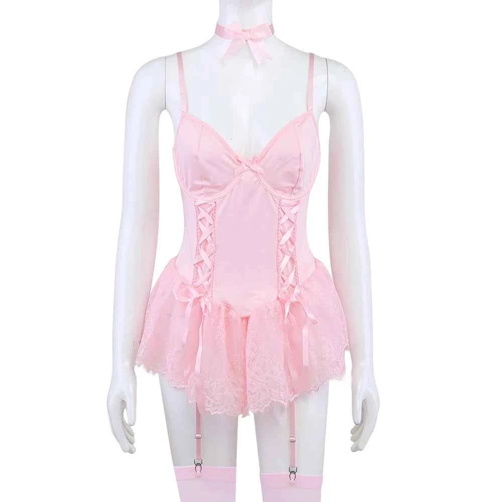 Pink Corset Lingerie Set - 5 Piece