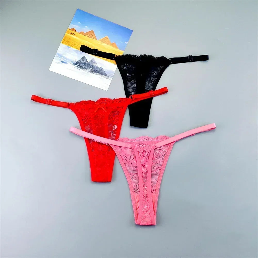 3PCS Adjustable Sexy Transparent Thong Panties Women Lace Underwear Low Waist Female T-back String Underpants - SHOPPERS' CASTLE