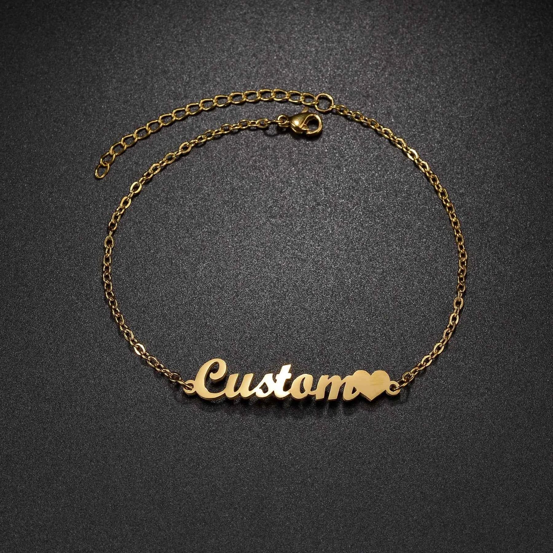 Personalized Name Thick Foot Chain Anklet - Heart Charms