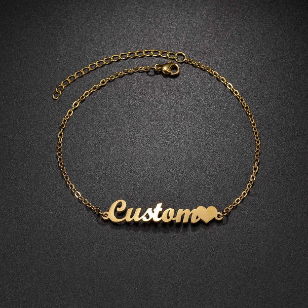 Personalized Name Thick Foot Chain Anklet - Heart Charms