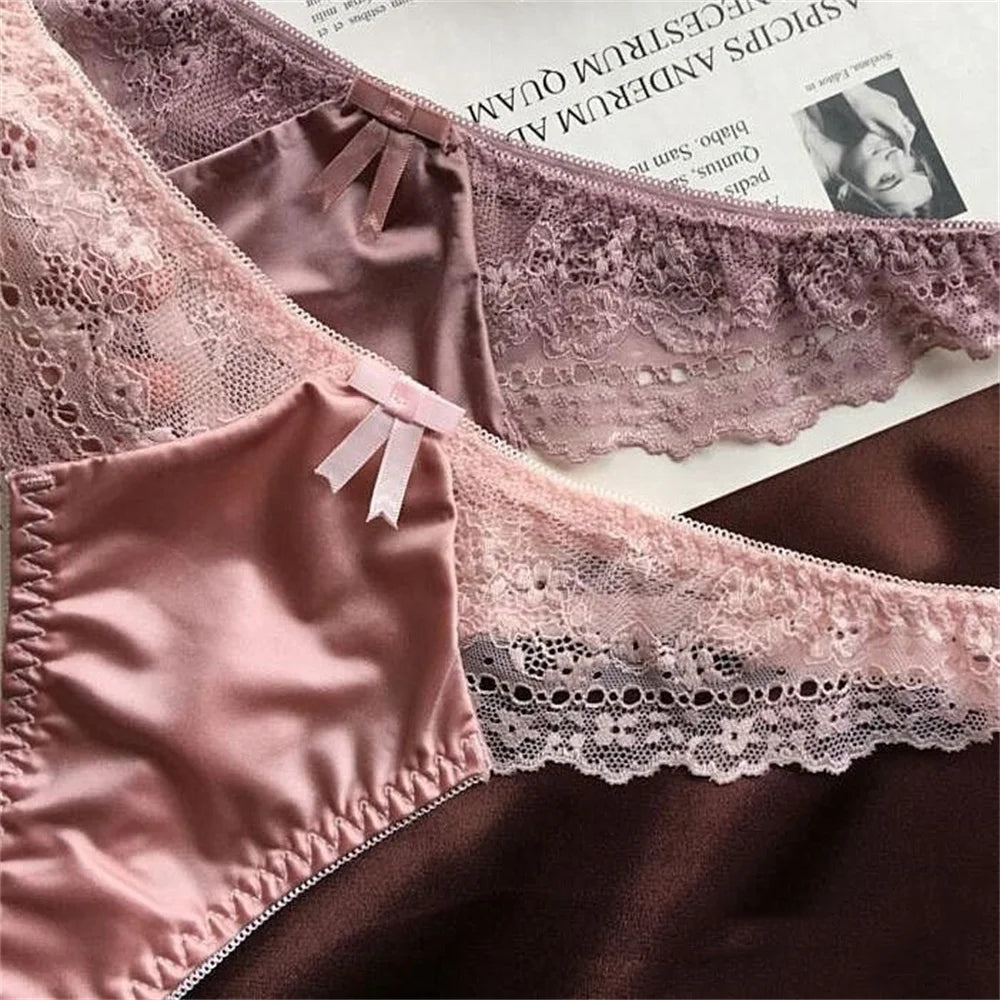 Hollow Lace Sexy Glossy Satin Silk Smooth Thong Women Sexy Low Waist G-string Underwear Bow Seamless Lingerie - SHOPPERS' CASTLE