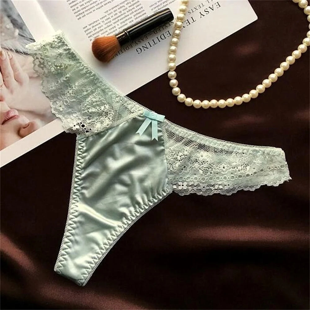 Hollow Lace Sexy Glossy Satin Silk Smooth Thong Women Sexy Low Waist G-string Underwear Bow Seamless Lingerie - SHOPPERS' CASTLE