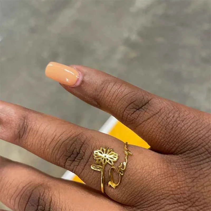 Custom Birth Flower Name Ring - Adjustable