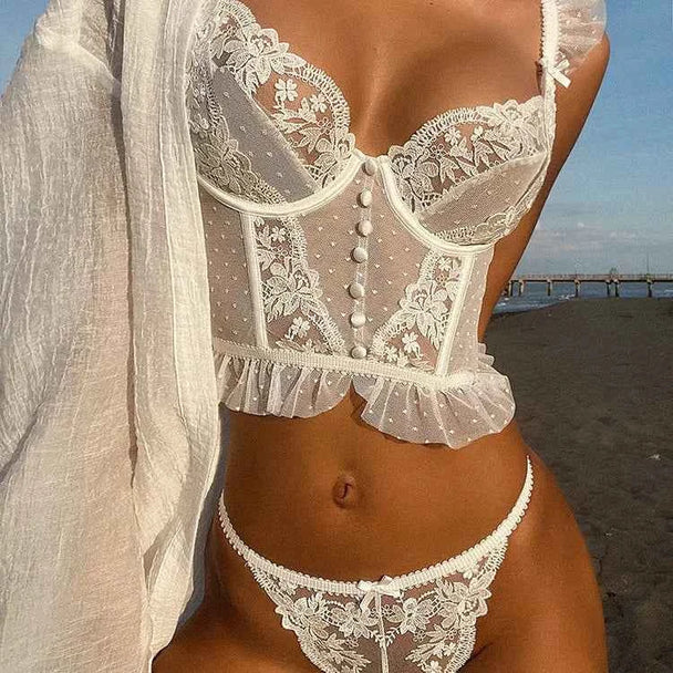Ultra-Thin Lace Flowers Embroidery Bra & Thong Set with Body Shaper