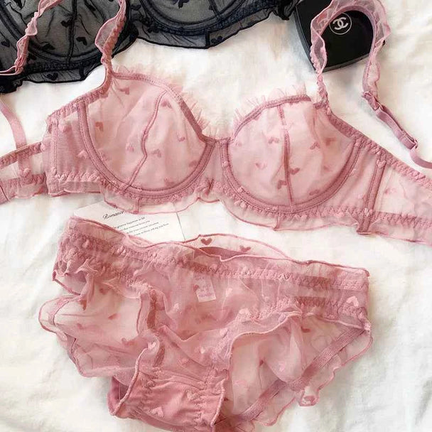 French Ultra-Thin Love Embroidery Bra Set - Plus Size