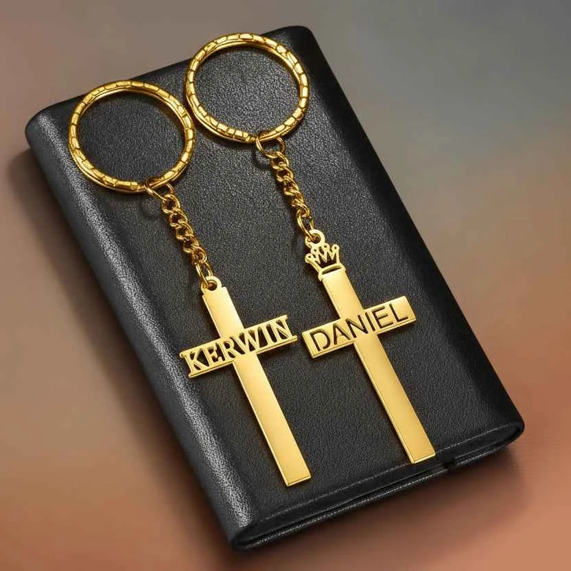 Custom Name Cross Keychain - Nameplate Charm