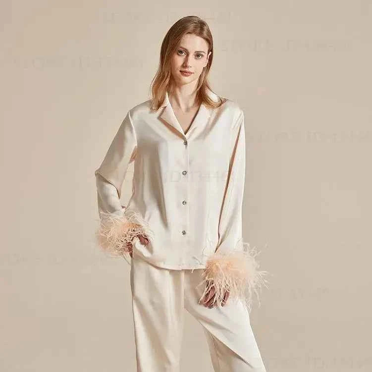 Feather Elegance Satin Sleepwear - 2-Piece Luxury Set - SHOPPERS' CASTLE