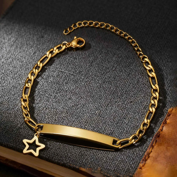 Engrave Name Heart Figaro Chain Bracelet - Adjustable
