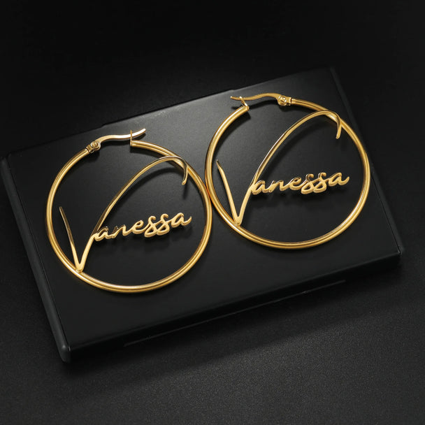 Custom Name Big Circle Hoop Earrings - Stainless Steel - SHOPPERS' CASTLE