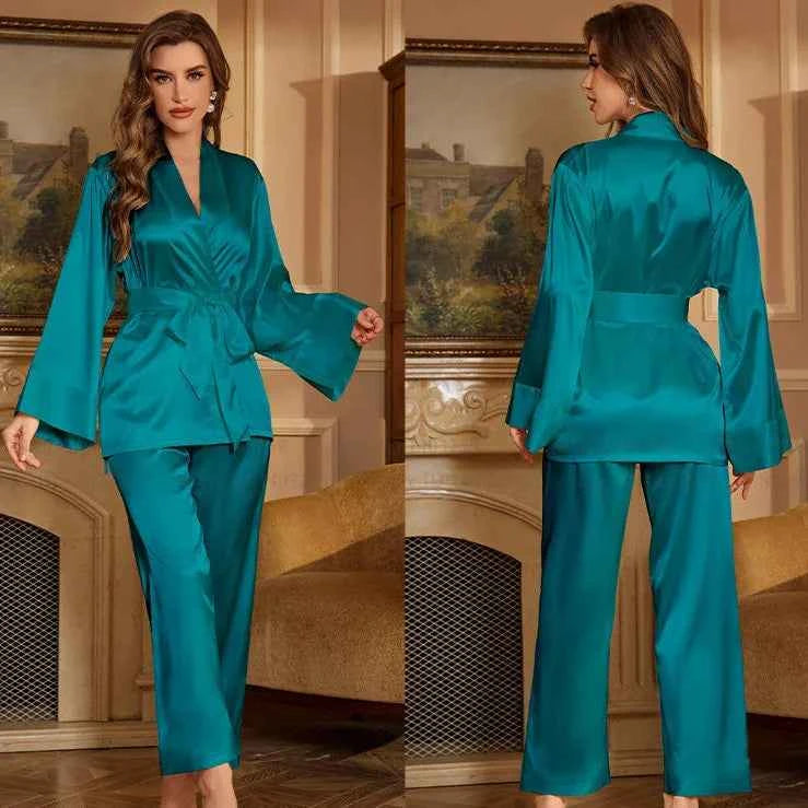 Striped Lace Trim Satin Pajama Set - SHOPPERS' CASTLE