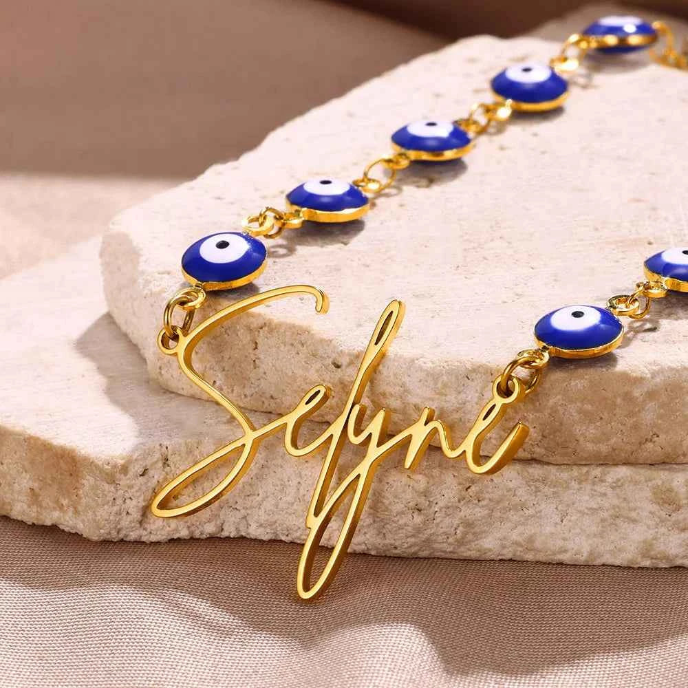 Custom Name Devil's Eye Chain Necklace - Handmade Nameplate