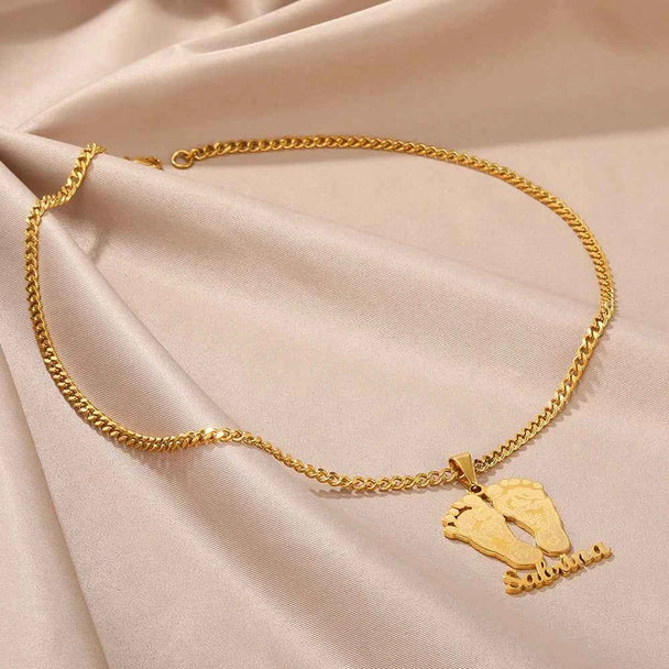 Custom Name Baby Feet Necklace - Nameplate Pendant