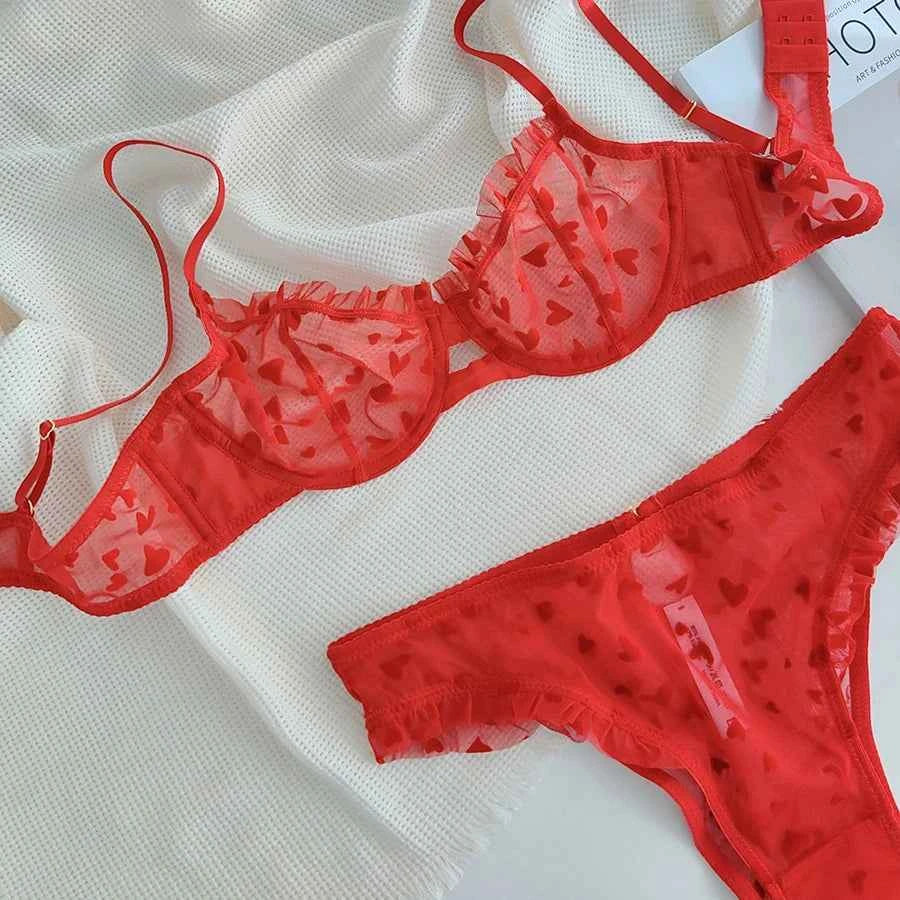 Ultra-Thin Transparent Push-Up Bra & Thong Set with Hearts