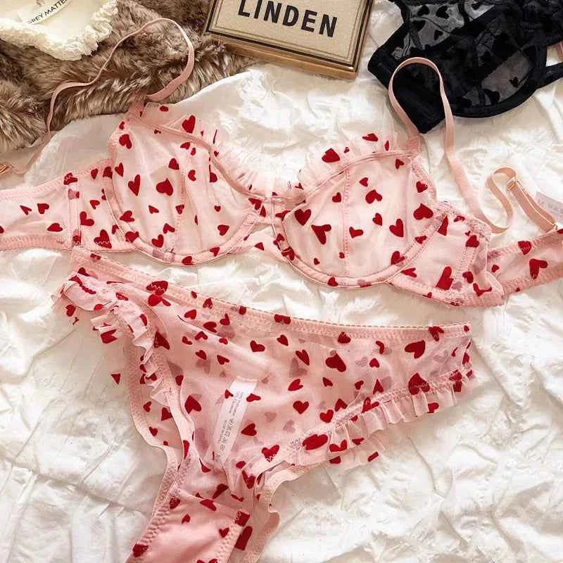 Ultra-Thin Transparent Push-Up Bra & Thong Set with Hearts