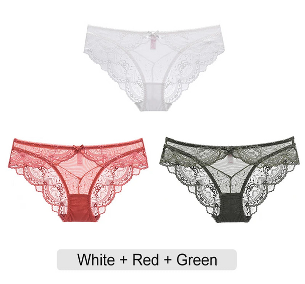 Embroidered Lace Brief Trio - White, Black & Green - SHOPPERS' CASTLE