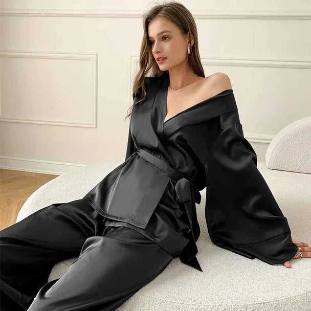 French Style Satin Pajama Set - 2 Piece - SHOPPERS' CASTLE