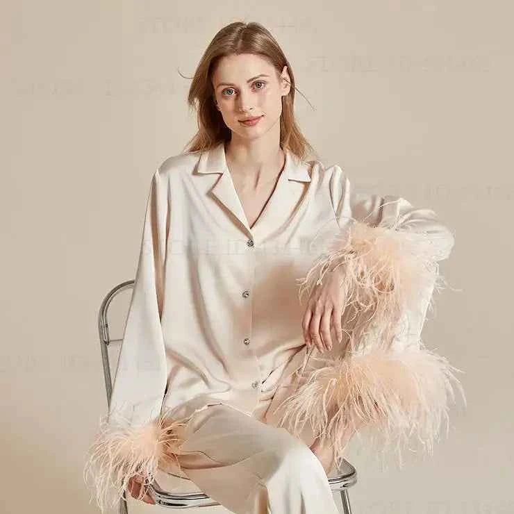 Feather Elegance Satin Sleepwear - 2-Piece Luxury Set - SHOPPERS' CASTLE