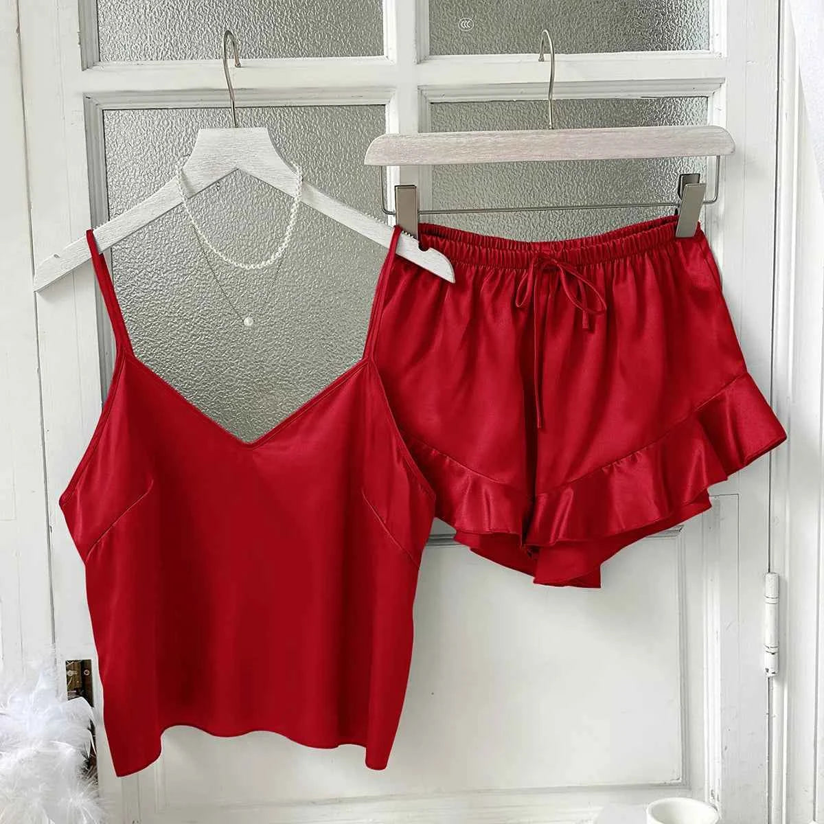 Satin Chemise Shorts Pajama Set - SHOPPERS' CASTLE