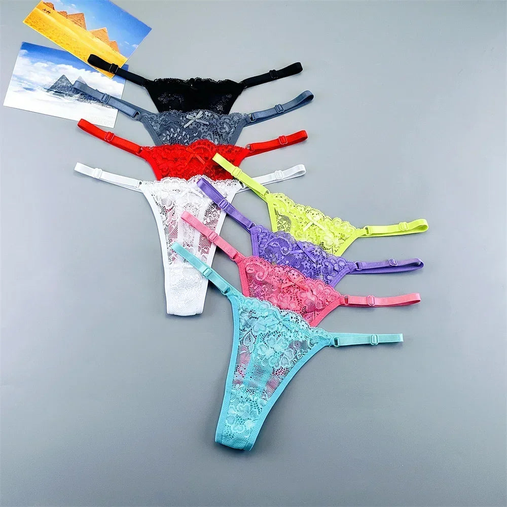 3PCS Adjustable Sexy Transparent Thong Panties Women Lace Underwear Low Waist Female T-back String Underpants - SHOPPERS' CASTLE