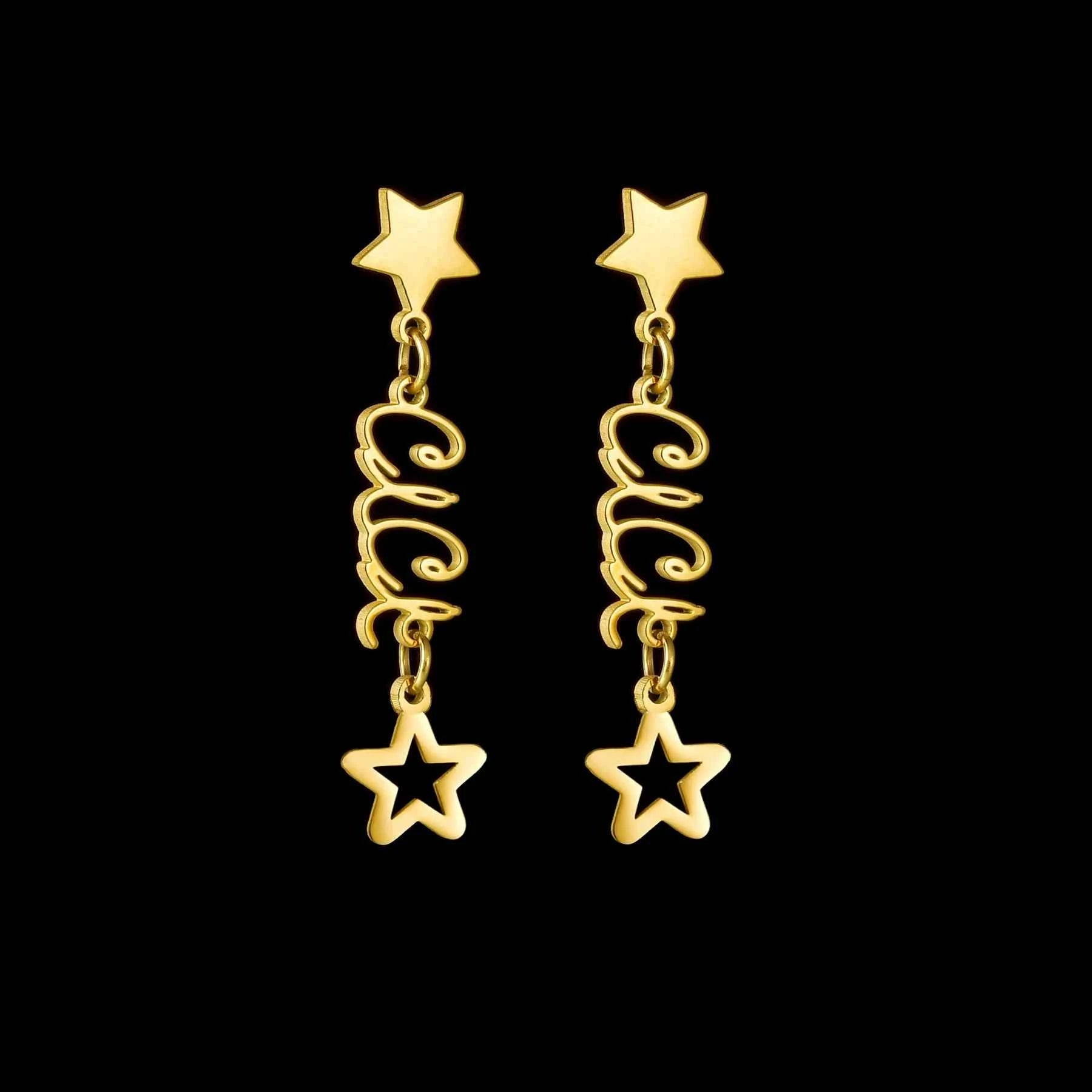 Custom Name Stud Earrings with Chain - Star & Heart
