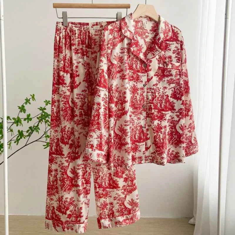 Floral Print Ice Silk Pajama Set - SHOPPERS' CASTLE