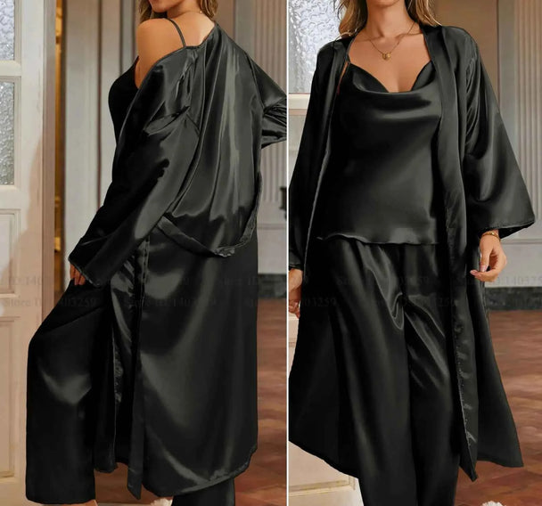 3-Piece Robe Pajama Set with Long Robe - SHOPPERS' CASTLE