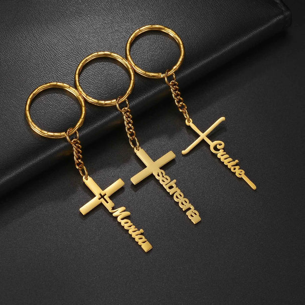 Custom Name Cross Keychain - Nameplate Charm