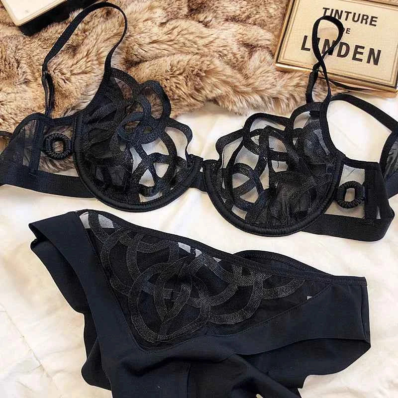 French Ultra-Thin Lace Bra Set with Thong