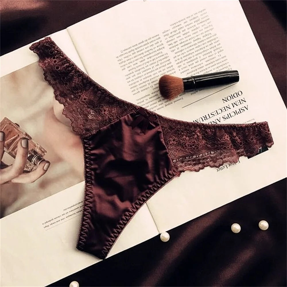 Hollow Lace Sexy Glossy Satin Silk Smooth Thong Women Sexy Low Waist G-string Underwear Bow Seamless Lingerie - SHOPPERS' CASTLE