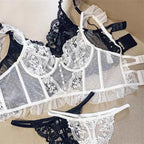 Ultra-Thin Lace Flowers Embroidery Bra & Thong Set with Body Shaper