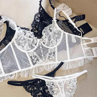Ultra-Thin Lace Flowers Embroidery Bra & Thong Set with Body Shaper