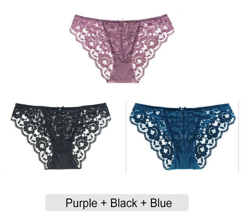 Embroidered Lace Brief Trio - Purple, Blue & Black - SHOPPERS' CASTLE