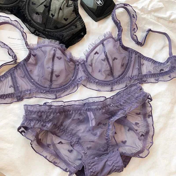 French Ultra-Thin Love Embroidery Bra Set - Plus Size