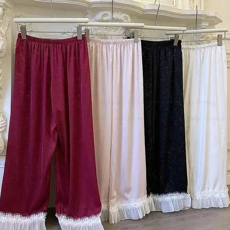 French Style Lace Trim Satin Pajama Set - SHOPPERS' CASTLE