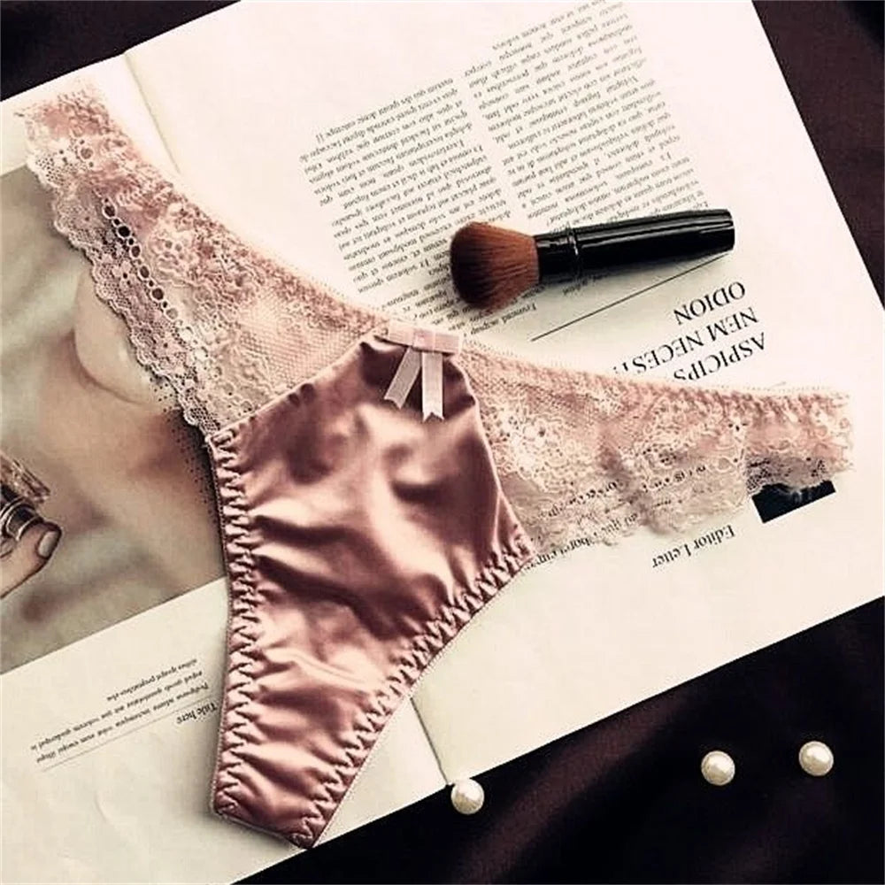 Hollow Lace Sexy Glossy Satin Silk Smooth Thong Women Sexy Low Waist G-string Underwear Bow Seamless Lingerie - SHOPPERS' CASTLE