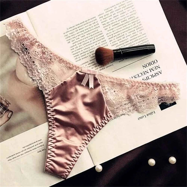 Satin Silk Lace Thong - Hollow Bow G-String Seamless Underwear
