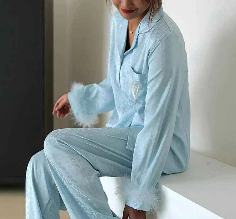 Luxury Feather Print Satin Pajama Set - SHOPPERS' CASTLE