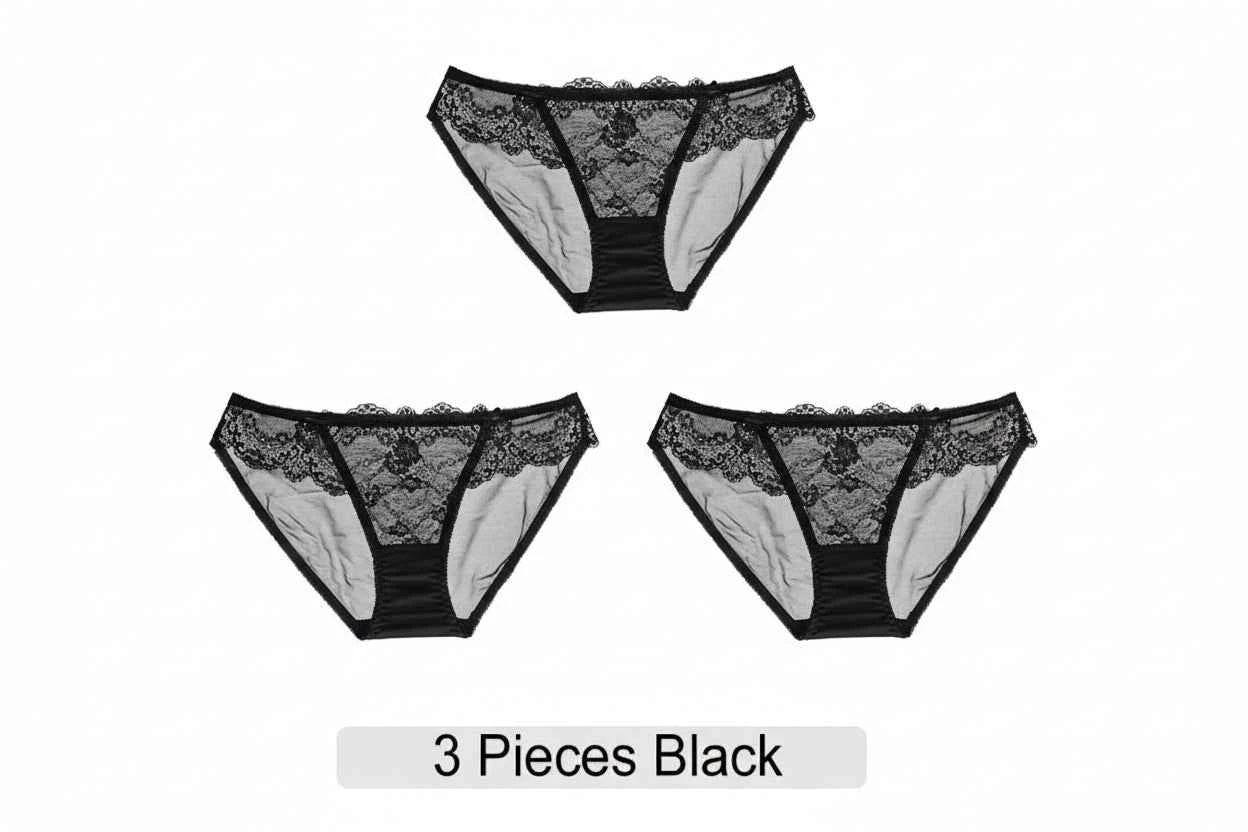 Embroidered Lace Brief Trio - Beige, Black & Burgundy