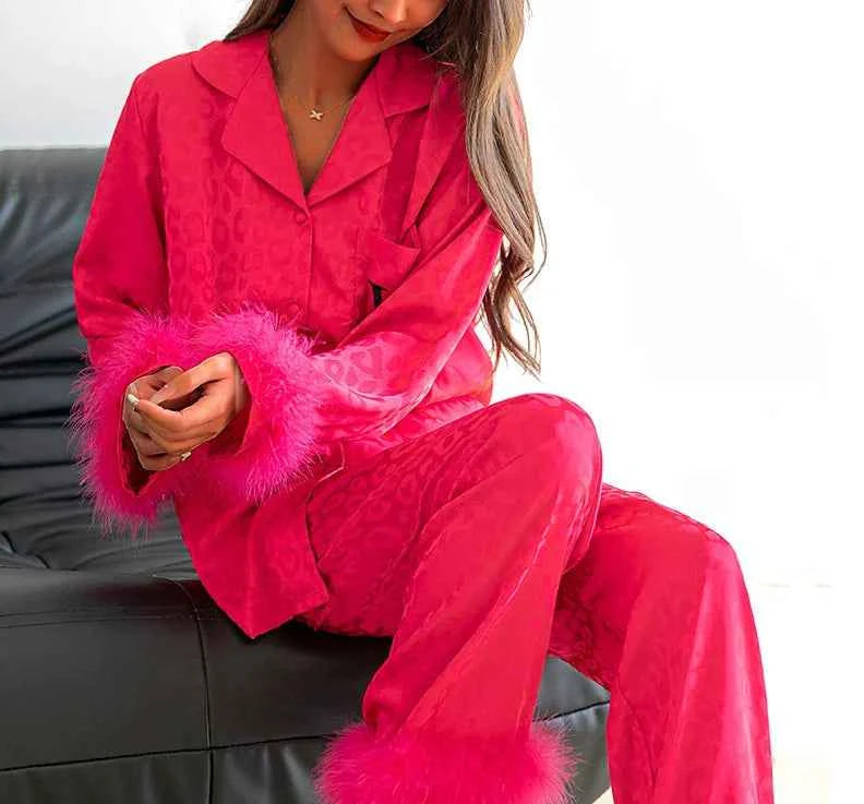Luxury Feather Print Satin Pajama Set - SHOPPERS' CASTLE