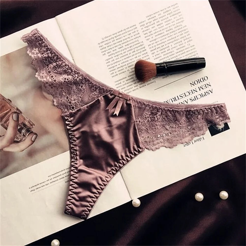 Hollow Lace Sexy Glossy Satin Silk Smooth Thong Women Sexy Low Waist G-string Underwear Bow Seamless Lingerie - SHOPPERS' CASTLE