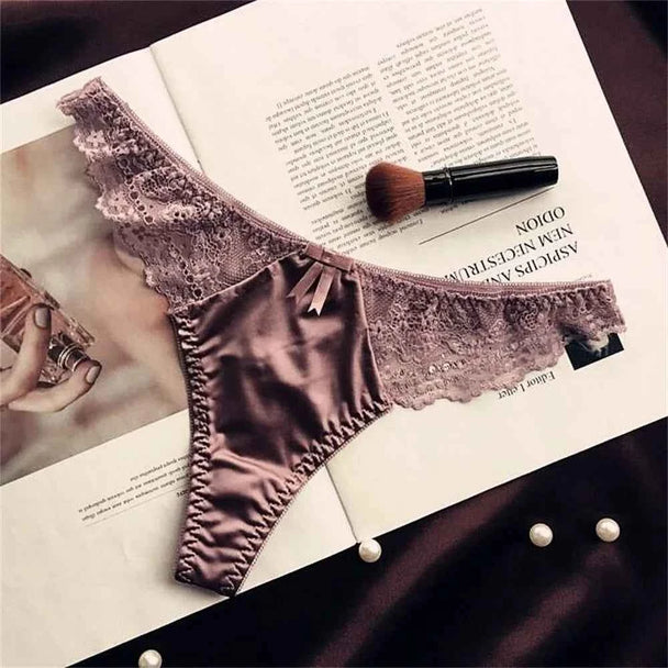 Satin Silk Lace Thong - Hollow Bow G-String Seamless Underwear