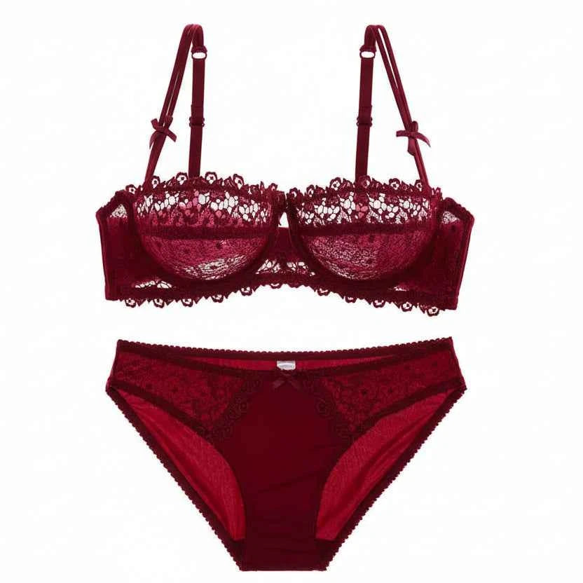 Hollow Half-Cup Transparent Bra Set - Plus Size