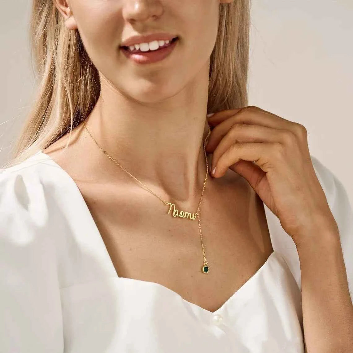 Custom Birthstone Name Extended Clavicle Chain - Nameplate