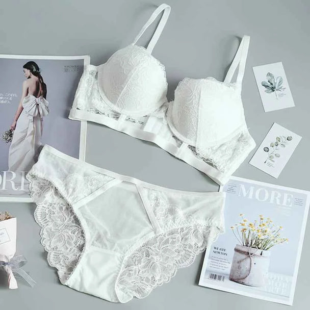 White Hollow Deep V Push-Up Bra Set - Plus Size 3/4 Cup