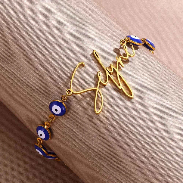 Custom Name Blue Devil's Eye Chain Bracelet - Handmade