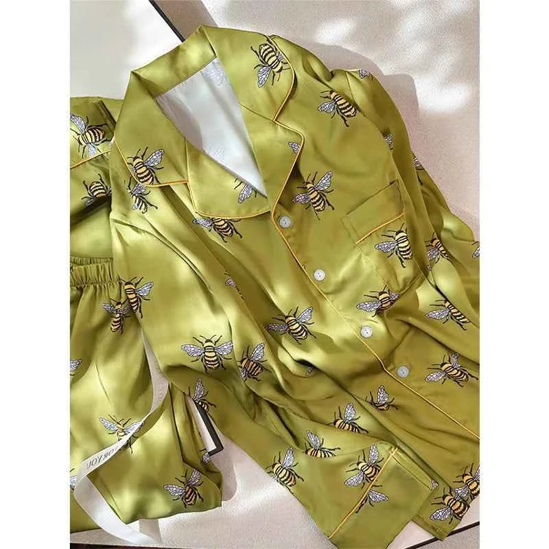 Printed Satin Pajama Set with Pockets - SHOPPERS' CASTLE