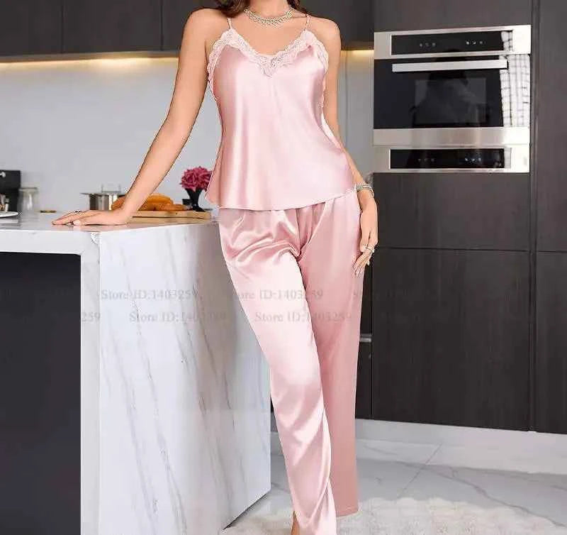Lace Trim Suspender Trouser Pajama Set - SHOPPERS' CASTLE